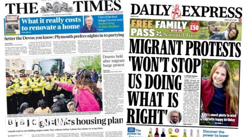 Newspaper headlines: ‘PM to offer Ireland Rwanda deal’ and migrant barge protests