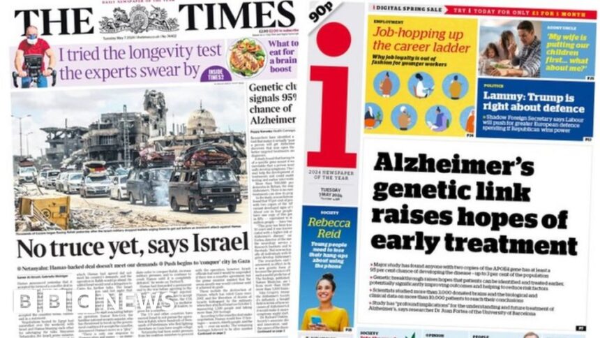 Newspaper headlines: ‘No truce yet’ in Gaza and Alzheimer’s treatment hope