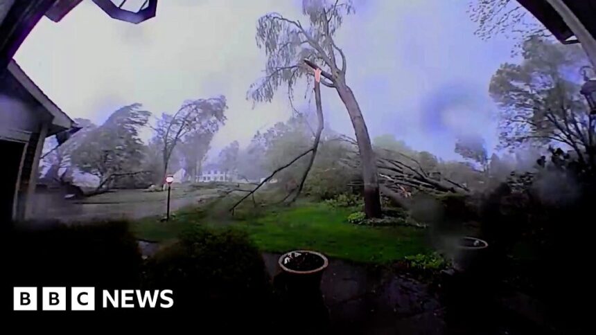 Doorbell camera captures tornado winds tearing down trees