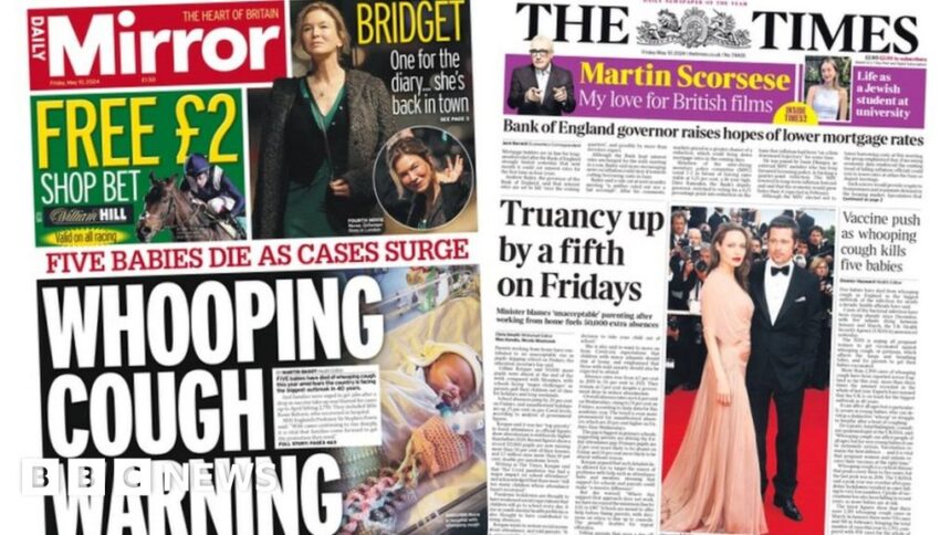 Newspaper headlines: ‘Whooping cough warning’ and Friday ‘truancy up’