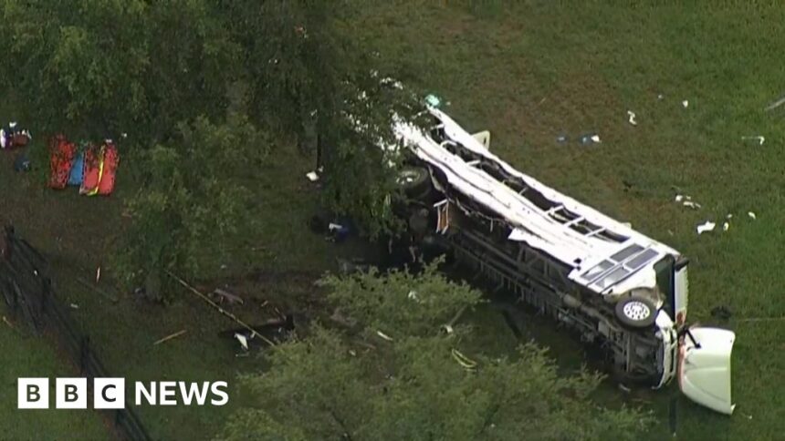 Aerial video shows scene after deadly Florida bus crash