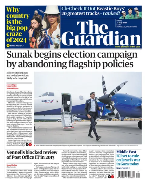 "Sunak begins election campaign by abandoning flagship polices" says the Guardian 