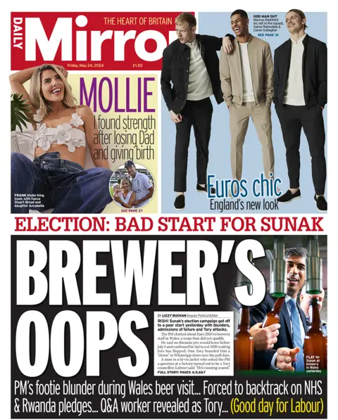 "Election: bad start for Sunak" headlines the Daily Mirror. 