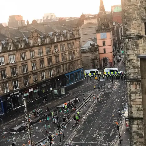 Litter on the streets of Trongate in Glasgow pictured from above