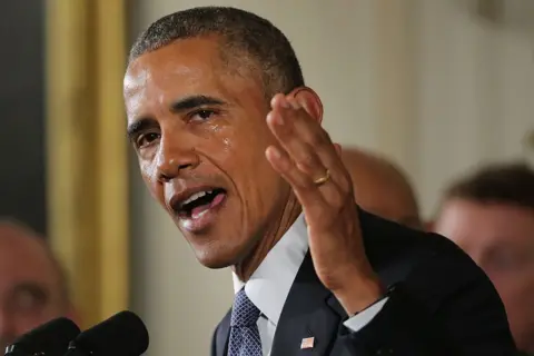 Getty Images Former US president Barack Obama is tearful as he discusses gun violence in 2016