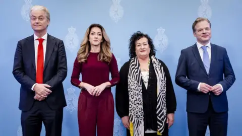 KOEN VAN WEEL/ANP/AFP Netherlands' party leaders (from L) Geert Wilders (PVV), Dilan Yesilgoz (VVD), Caroline van der Plas (BBB) and Pieter Omtzigt (NSC) pose during a press presentation of the main lines of the 26-page coalition cabinet agreement they reached earlier on May 16, 2024