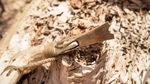 Rockingham Forest Trust A Bronze Age replica tool with a wooden handle resting on the log