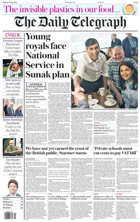 The headline on the front page of the Daily Telegraph reads: "Young royals face National Service in Sunak plan"