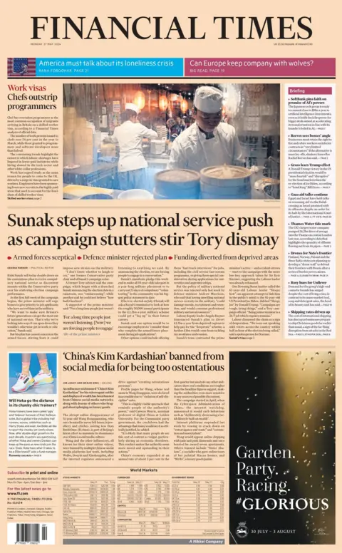 The headline on the front page of the Financial Times reads: "Sunak steps up national service push as campaign stutters stir Tory dismay"
