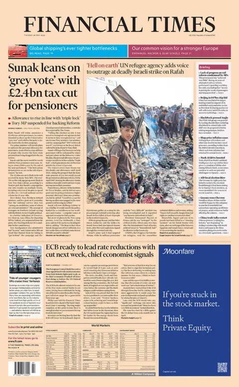 The headline on the front page of the Financial Times reads: "Sunak leans on 'grey vote' with £2.4bn tax cut for pensioners". 