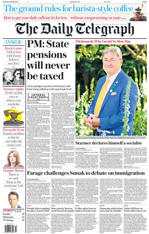 The headline on main story on the Daily Telegraph's front page reads: "PM: State pensions will never be axed". The paper's main image is of Alan Titchmarsh. 