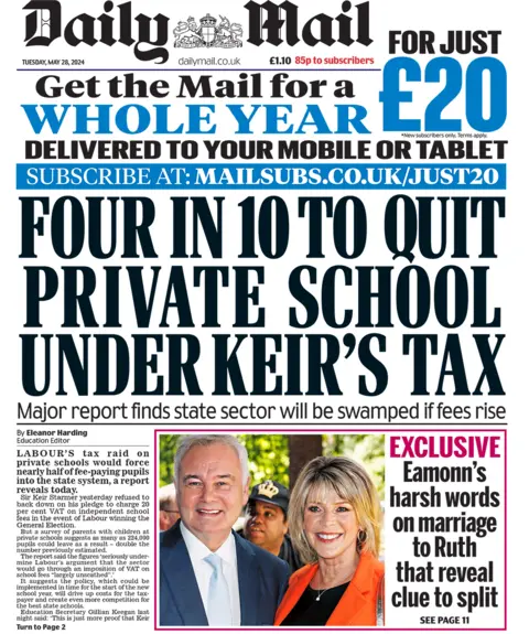 The headline on the front page of the Daily Mail reads: "Four in 10 to quit private school under Keir's tax"