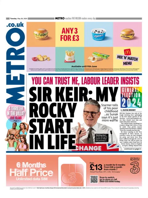 The headline on the front page of the Metro reads: "Sir Keir: My rocky start in life" 