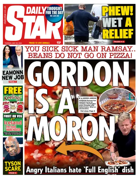Chef Gordon Ramsey is pictured holding a pizza on the front page of the Daily Star. The headline on the front page reads: "Gordon is a moron". 