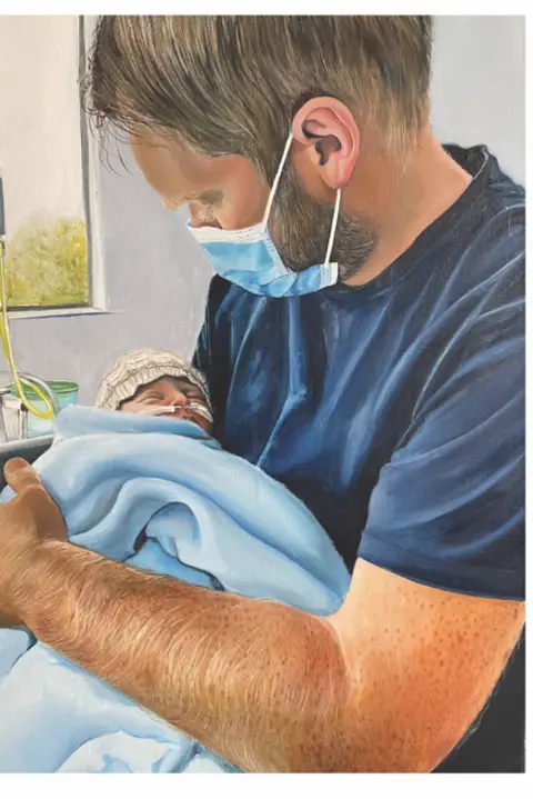 Leanne Pearce, Connecting Hearts exhibition Painting of Chris holding baby Will in hospital
