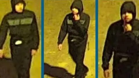 Dorset Police Three CCTV images of the same man wearing a black hooded jacket with a horizontal grey panel across the chest