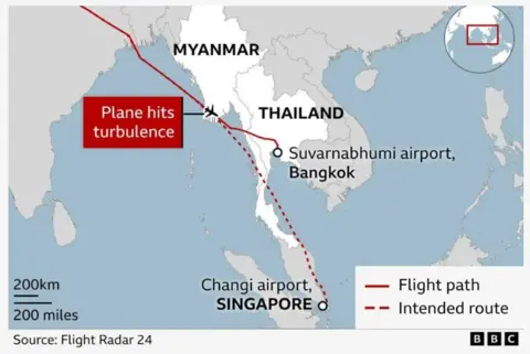 Graphic from Flight Radar 24 showing the path of the Singapore Airlines plane from London Heathrow to Singapore which experienced severe turbulence and diverted to Bangkok