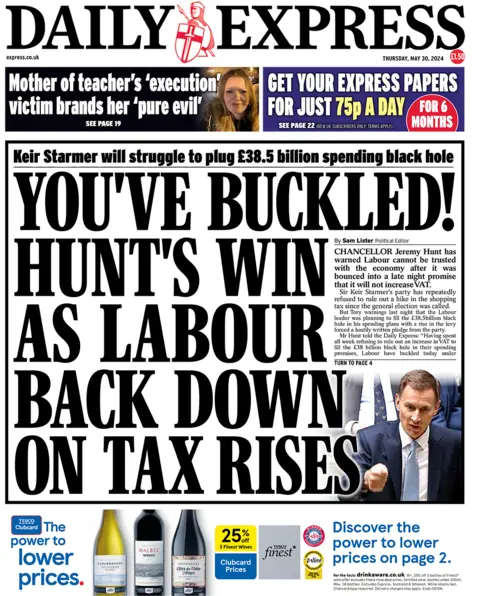 Headline of the Daily Express reads: You've buckled! Hunt's win as Labour back down on tax rises