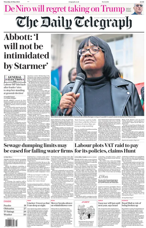 The main headline on the front page of the Telegraph reads: "Abbott: 'I will not be intimidated by Starmer'".