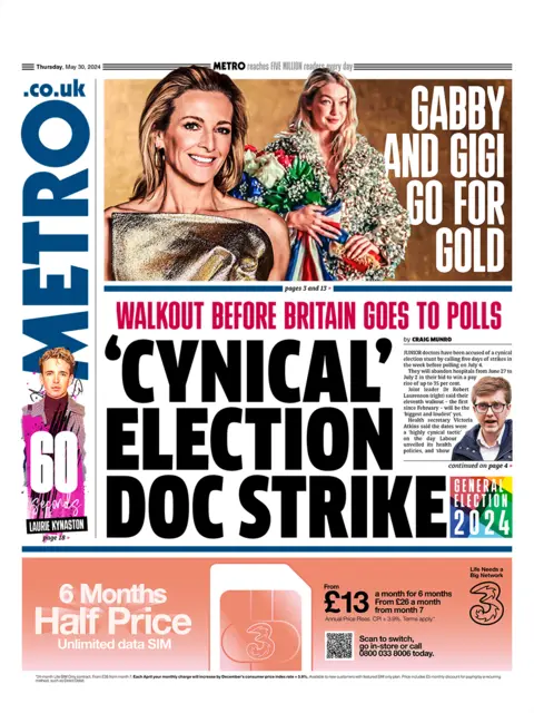 The front page of the Metro. The paper's main headline is: "'Cynical' election doc strike".