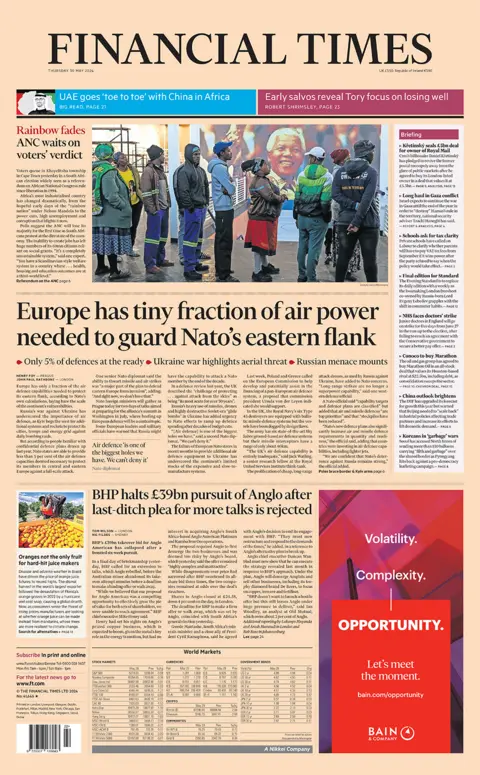 The Financial Times front page. The paper's main headline reads: "Europe has tiny fraction of air power needed to guard Nato's eastern flank". 