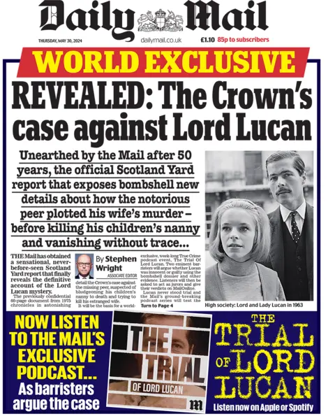 The headline on the front page of the Daily Mail reads: "REVEALED: The Crown's case against Lord Lucan". 