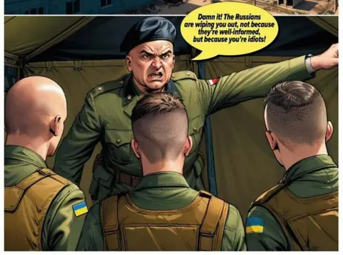 Rybar.ru A comic book drawing of a Polish general telling off Ukrainian soldiers