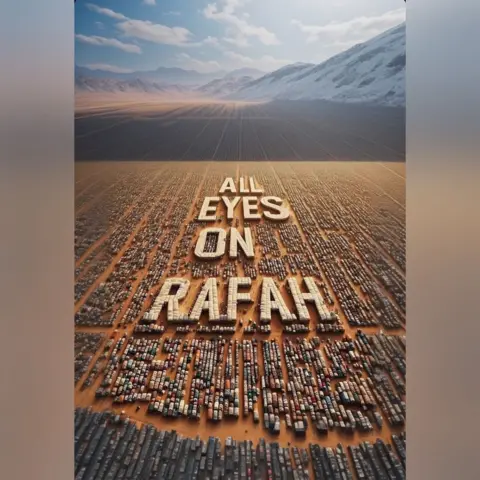 shahv4012/Instagram An AI-generated image shows orderly lines of tents in rows with mountains in the background. The words 'All Eyes on Rafah' features on top of the tents.