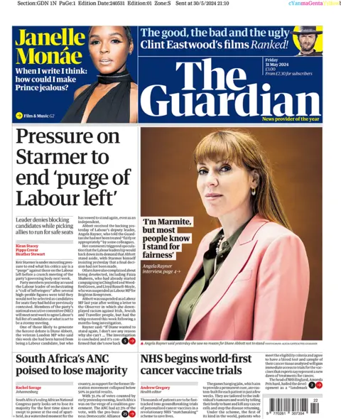 The headline on the front page of the Guardian reads; "Pressure on Starmer to end 'purge of Labour left' 