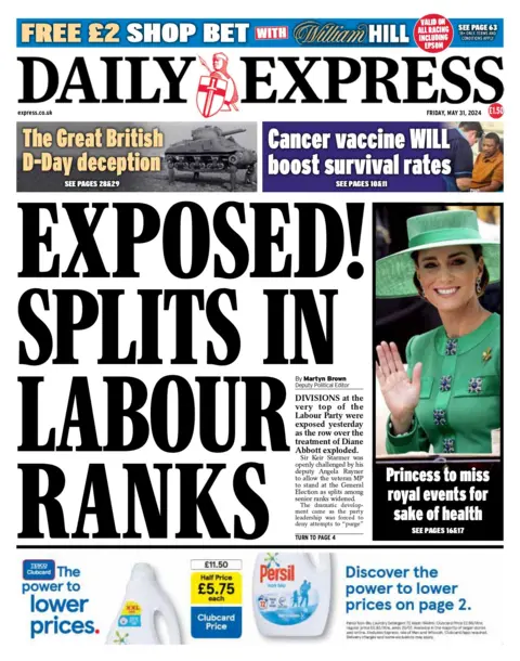 The headline on the front page of the Daily Express reads: "Exposed! Splits in Labour ranks"