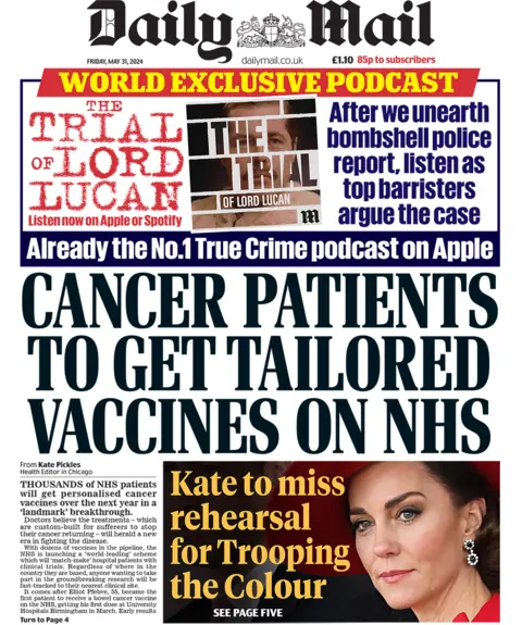 The headline on the front page of the Daily Mail reads: "Cancer patients to get tailored vaccines on NHS"