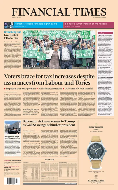 The headline on the front page of the Financial Times reads: "Voters brace for tax increases despite assurances from Labour and Tories"