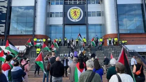 Protesters outside Hampden Park