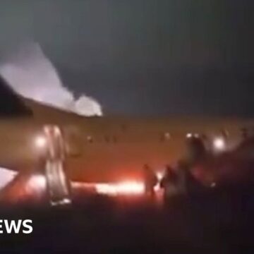 Passengers flee burning plane that skidded off runway