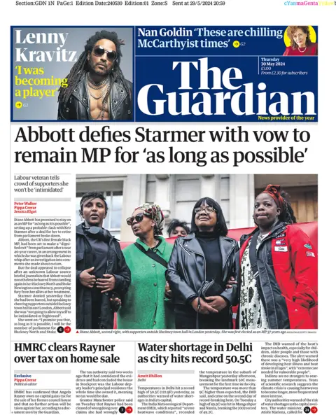 The headline on the front page of the Guardian reads: "Abbott defies Starmer with vow to remain MP for 'as long as possible' 