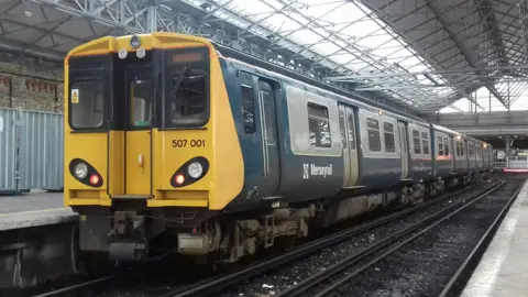 The Class 507 Preservation Society 507001 train at Southport in January 2024