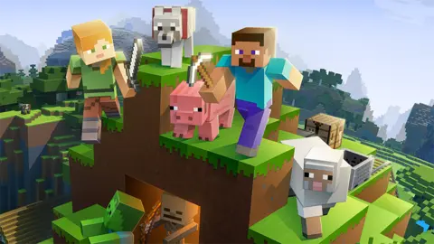 Mojang A computer generated image of a scene from Minecraft. Two player characters, one male, one female, holding a pickaxe and a sword respectively, are on top of a tall, mud structure topped with grass. They are rendered in the game's trademark "blocky" style, with a dog, pig and sheep next to them. Below them, skeleton and zombie enemy characters are visible as the landscape stretches off into the background.