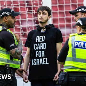 Protester chains himself to goalposts at Scotland v Israel Euro qualifier