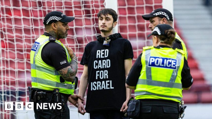 Protester chains himself to goalposts at Scotland v Israel Euro qualifier