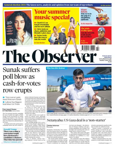 The headline in the Observer reads: Sunak suffers poll blow as cash-for-votes row erupts