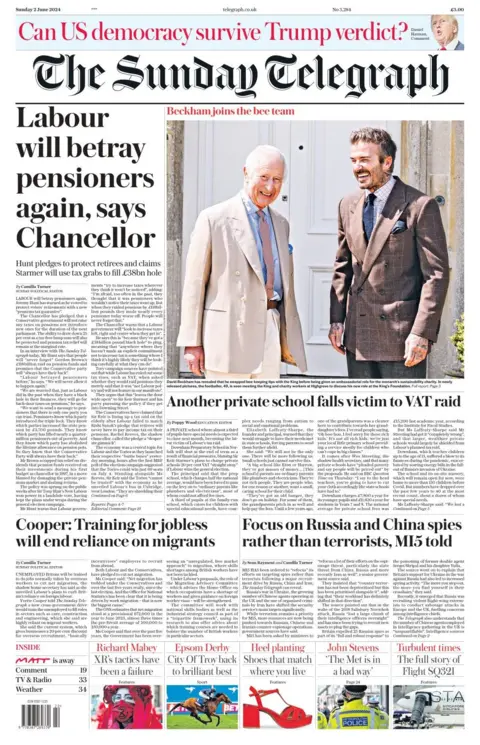 The headline in the Sunday telegraph reads: Labour will betray pensioners again, says Chancellor