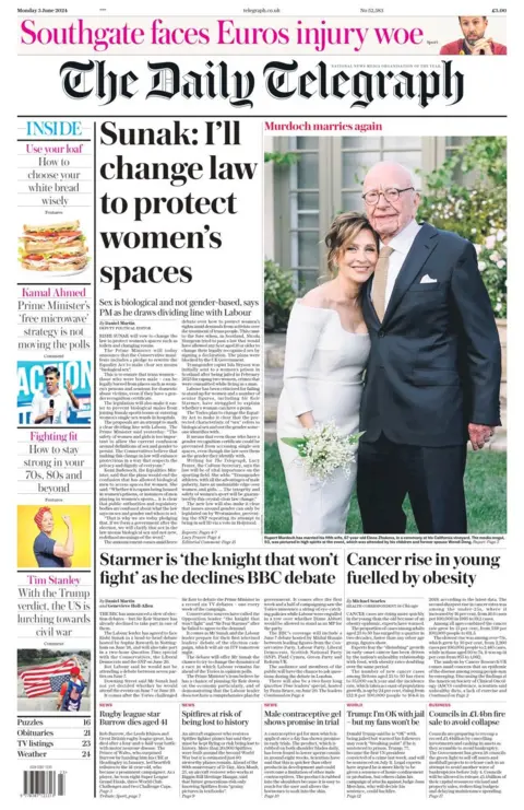 The headline in the Daily Telegraph reads: Sunak: I'll change law to protect women's spaces