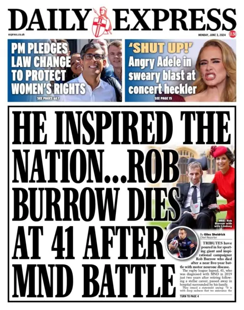 The headline in the Daily Express reads: He inspired the nation... Rob Burrow dies at 41 after MND battle