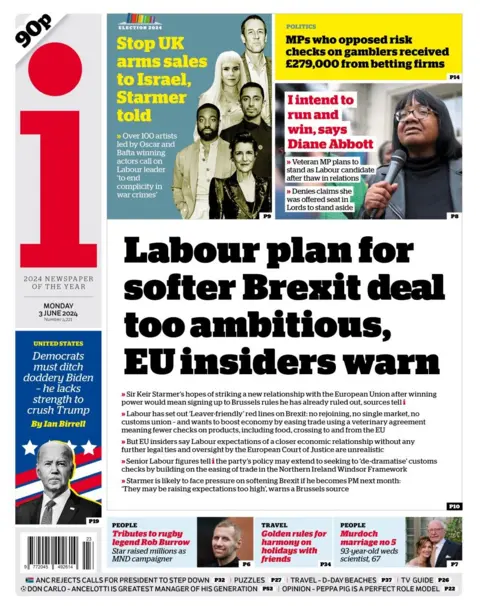 The headline in the i reads: Labour plan for softer Brexit deal too ambitious, EU insiders warn